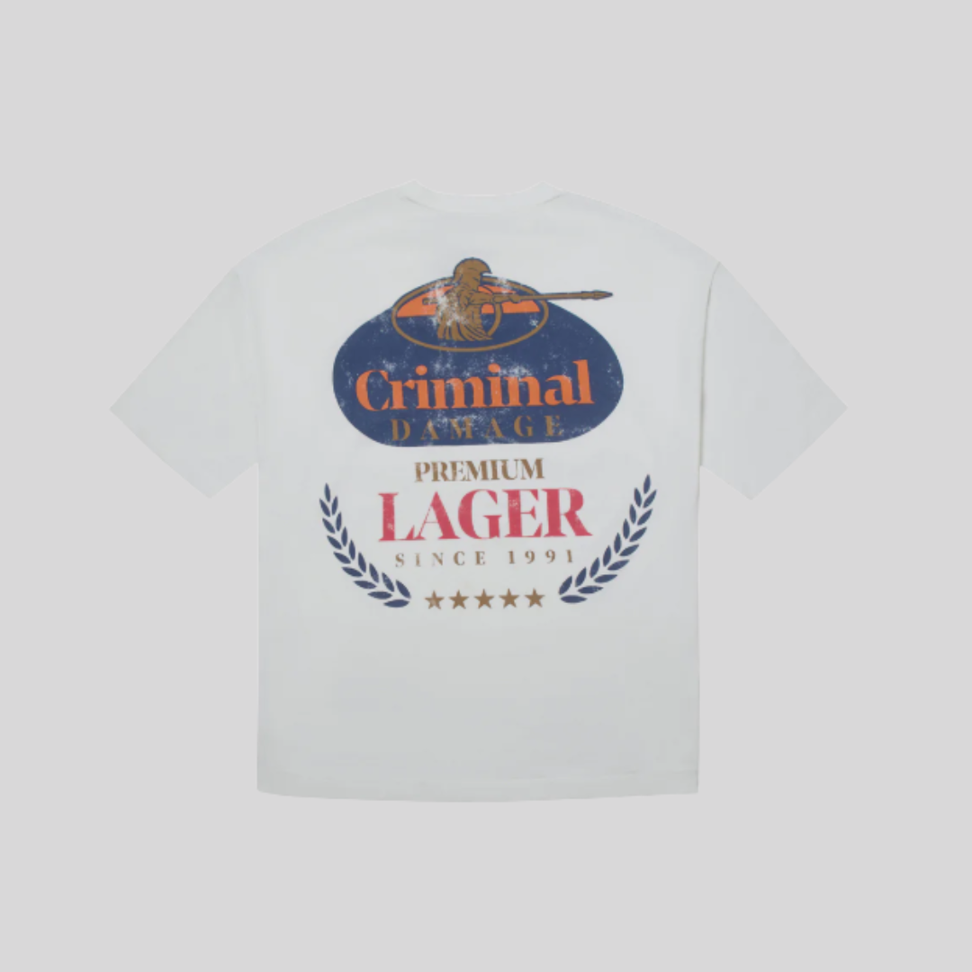 PREMIUM LAGER TEE OFF WHITE CRIMINAL DAMAGE