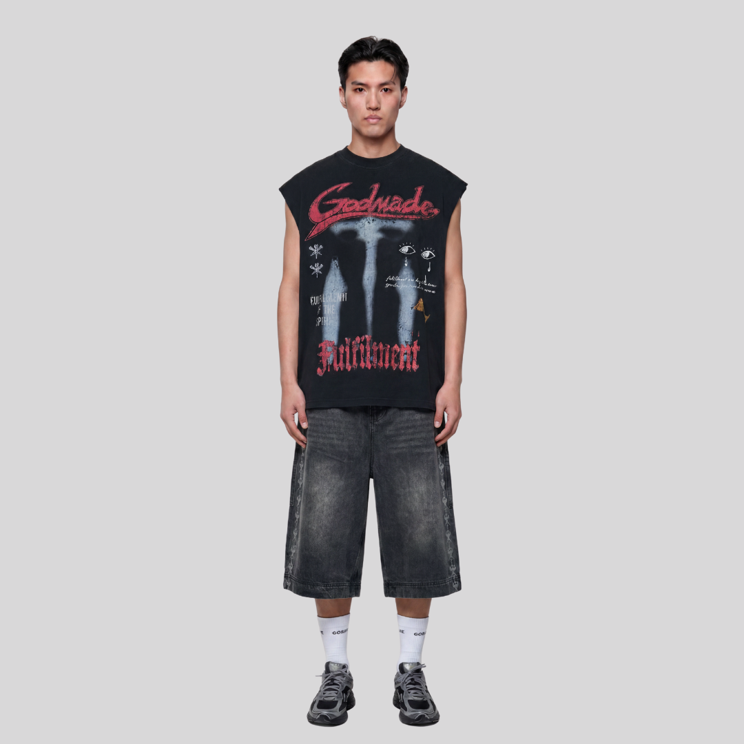 FULFILMENT SLEEVELESS TEE WASHED BLACK GODMADE
