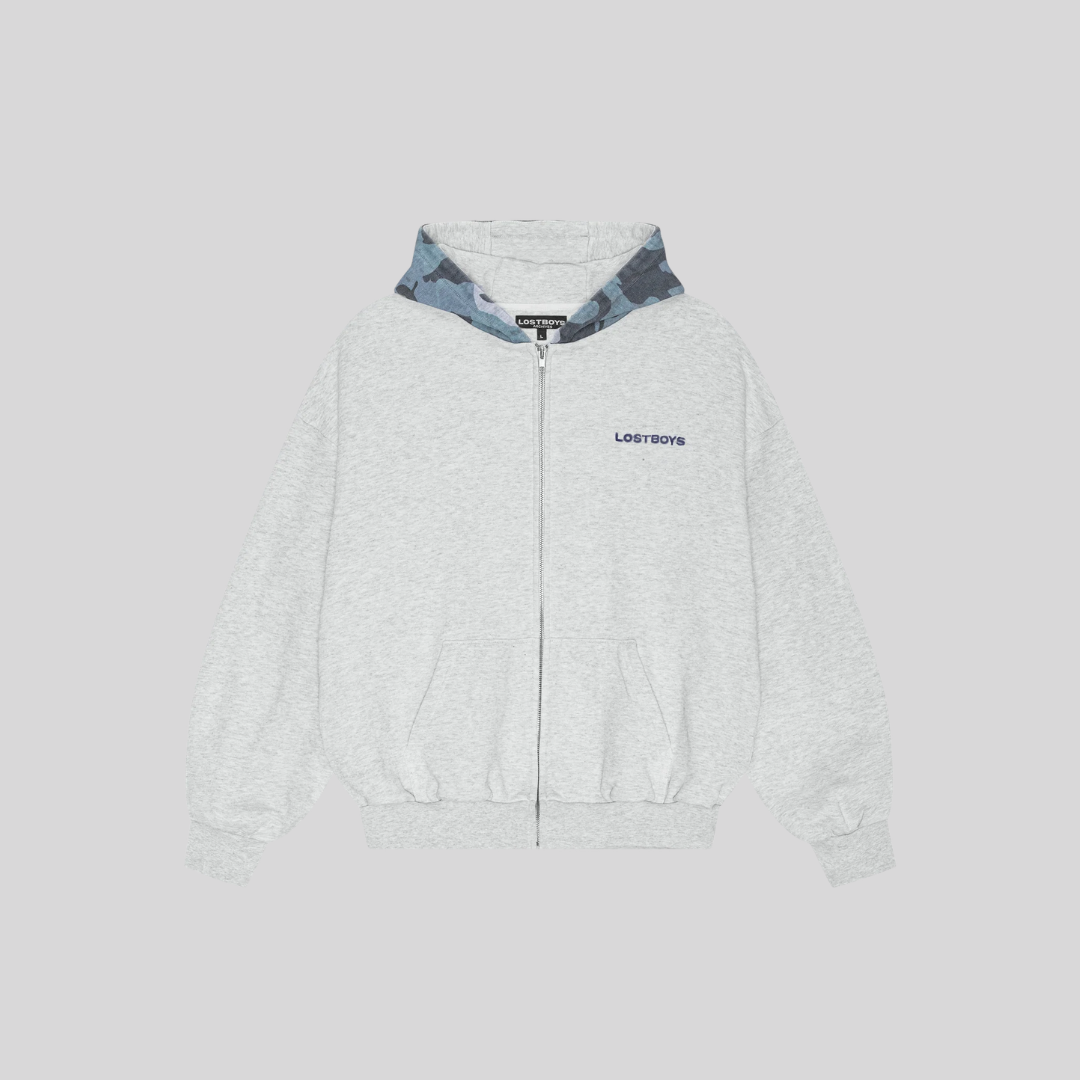 AOP CAMO HEAVYWEIGHT ZIP HOODIE GREY LOST BOYS ARCHIVES