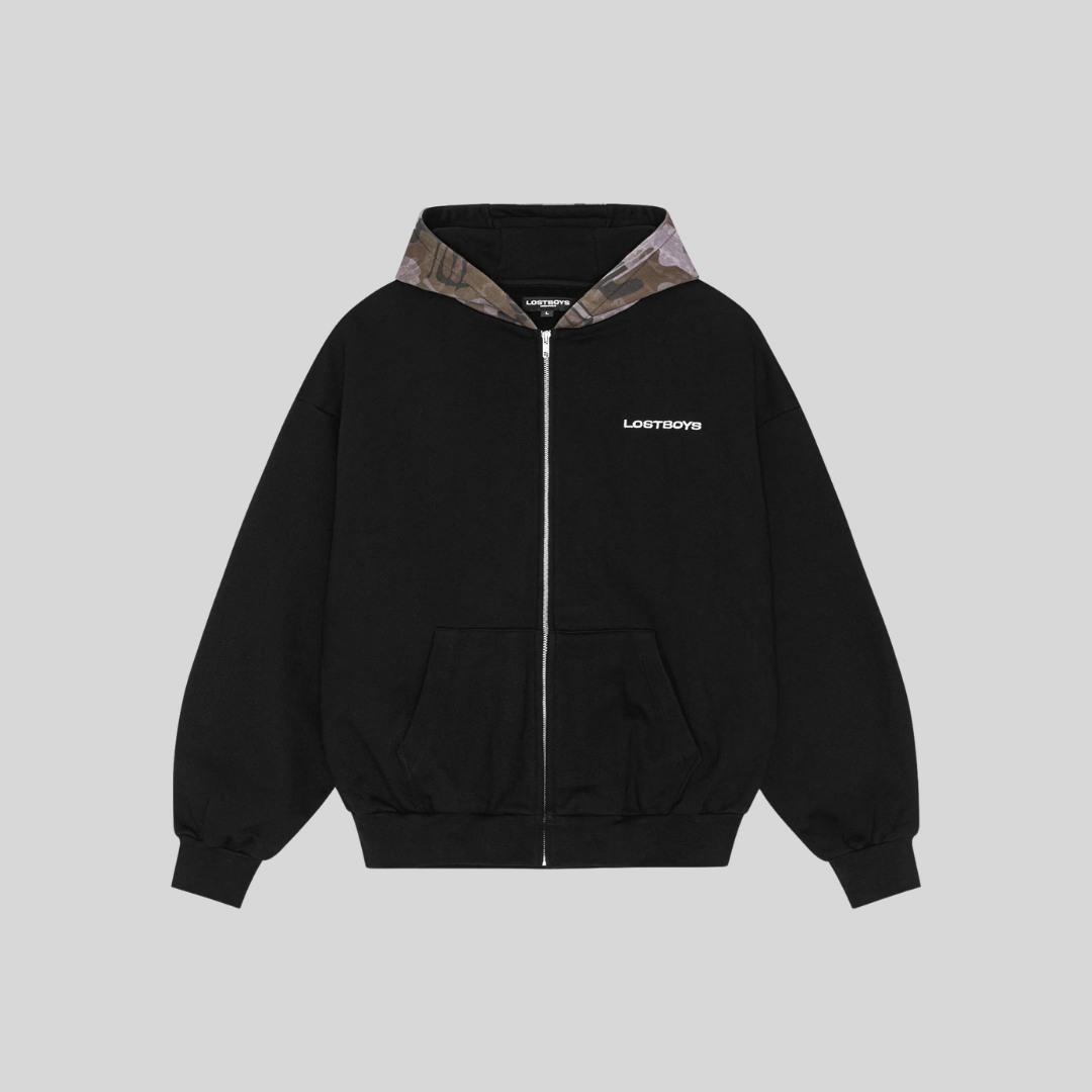 AOP CAMO HEAVYWEIGHT ZIP HOODIE BLACK LOST BOYS ARCHIVES