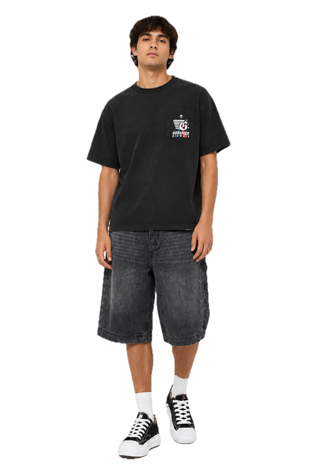 Styled visualization of a Godspeed pocket tee, Godmade denim jorts and Maison Mihara Hank sneakers