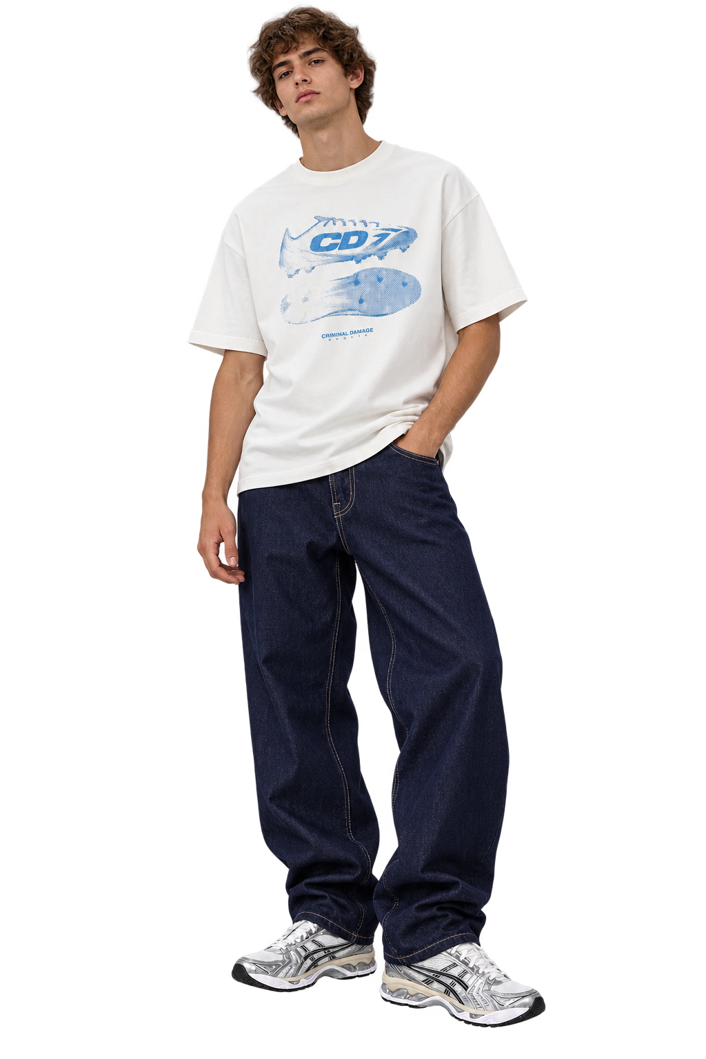 Styled visualization of a Criminal Damage off-white graphic tee, PXP dark blue baggy jeans and silver ASICS Kayano sneakers