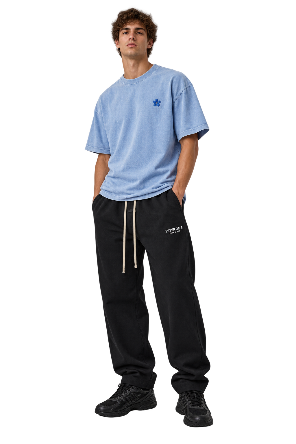 Styled visualization of a washed blue PXP flower tee, black Essentials sweatpants and black New Balance 740 sneakers