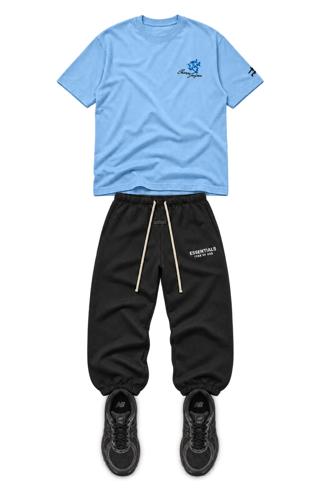 Blue note outfit laid flat